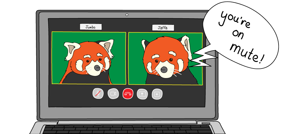 Two red pandas having a video conference call, one is on mute