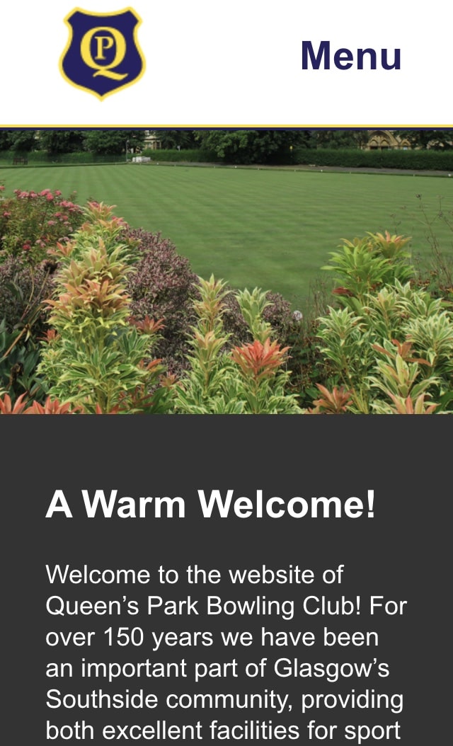 The website on a mobile device Screenshot of the Queen's Park BC Website on a phone