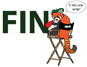 A cartoon red panda with a nice beret directing a film set
