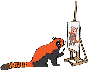 A cartoon red panda painting a picture on an easle
